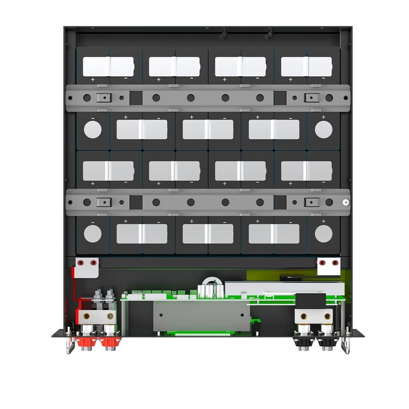 Open rack battery showing rows of cells, metal support rails, circuit board and terminal connections