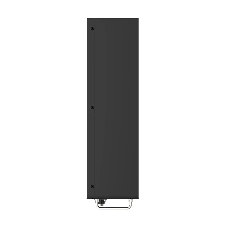 Side view of a black rack battery case showing cover screws and a silver front handle