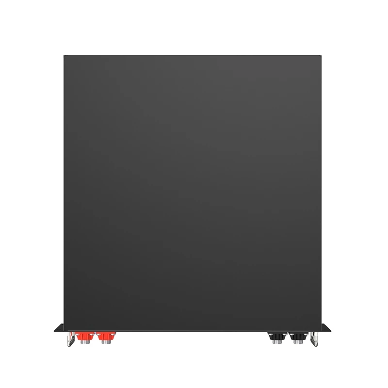 Top view of a black rack battery enclosure with mounting ears and red and black front terminals