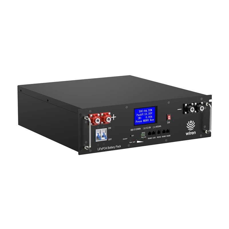 Angled view of a black Wiren rack battery with display, breaker, handles and red and black terminals