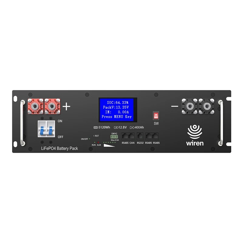 Wiren 12.8V 400Ah rack battery front panel with LCD, breaker, terminals and communication ports